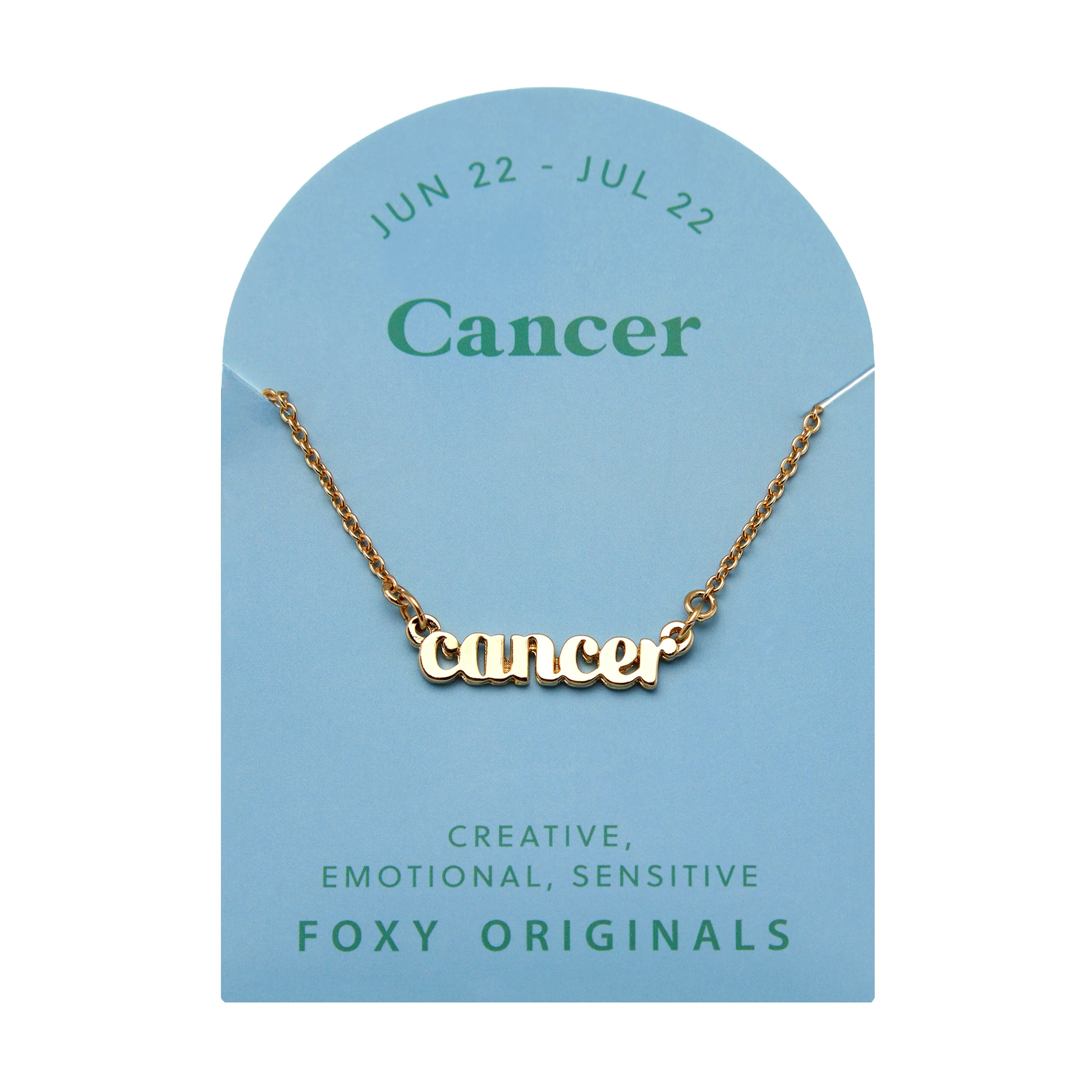 Zodiac Script Necklace in 14K Plated Gold featuring the word 'Cancer' on a blue background for astrology lovers.