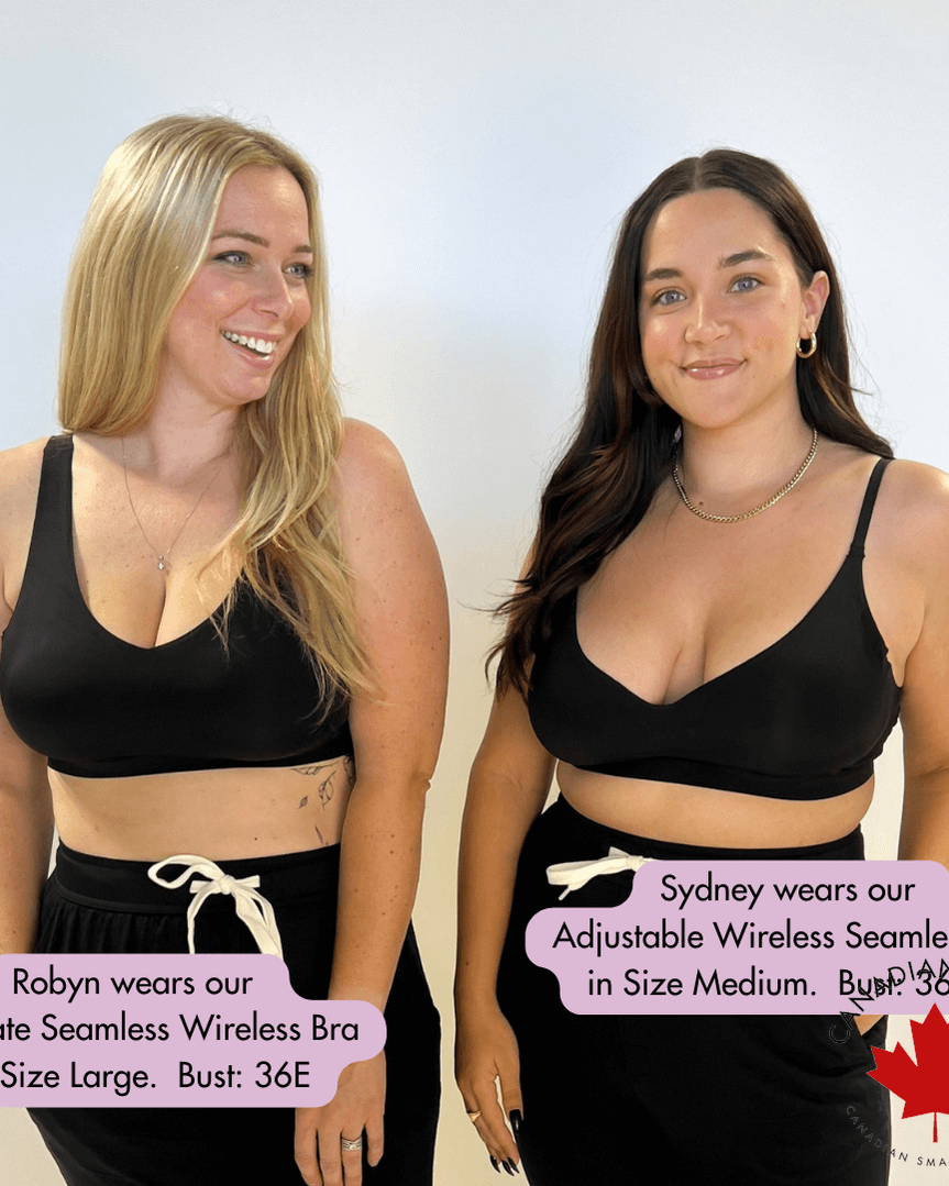 all-groups Katie Em Undies Adjustable Seamless Wireless Bra Black and Peachy Nude — Cloud Nine Pajamas Edmonton