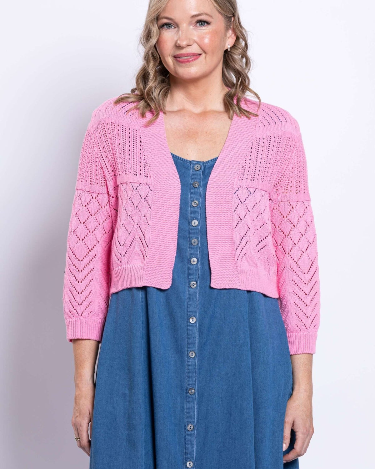 Aldi Cotton Pointelle Cardigan – Cropped 3/4 Sleeve Open - Front Shrug - Blue Sky Clothing Co - Cloud Nine Pajamas