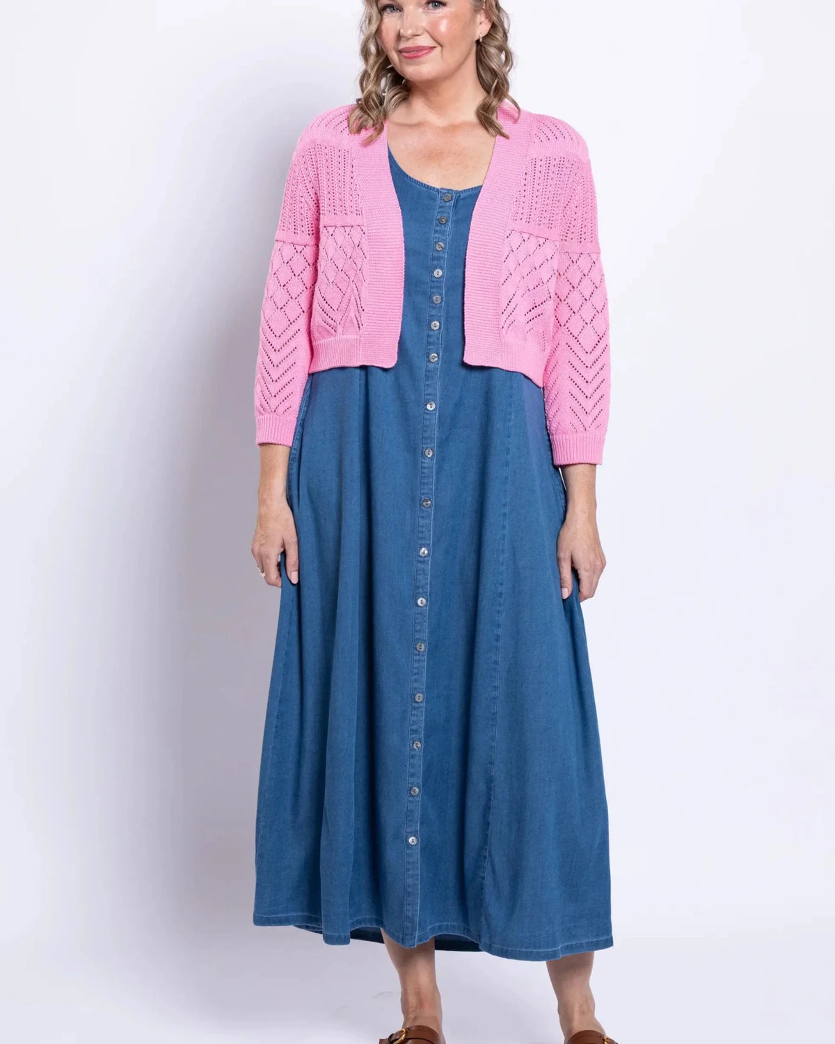 Aldi Cotton Pointelle Cardigan – Cropped 3/4 Sleeve Open - Front Shrug - Blue Sky Clothing Co - Cloud Nine Pajamas