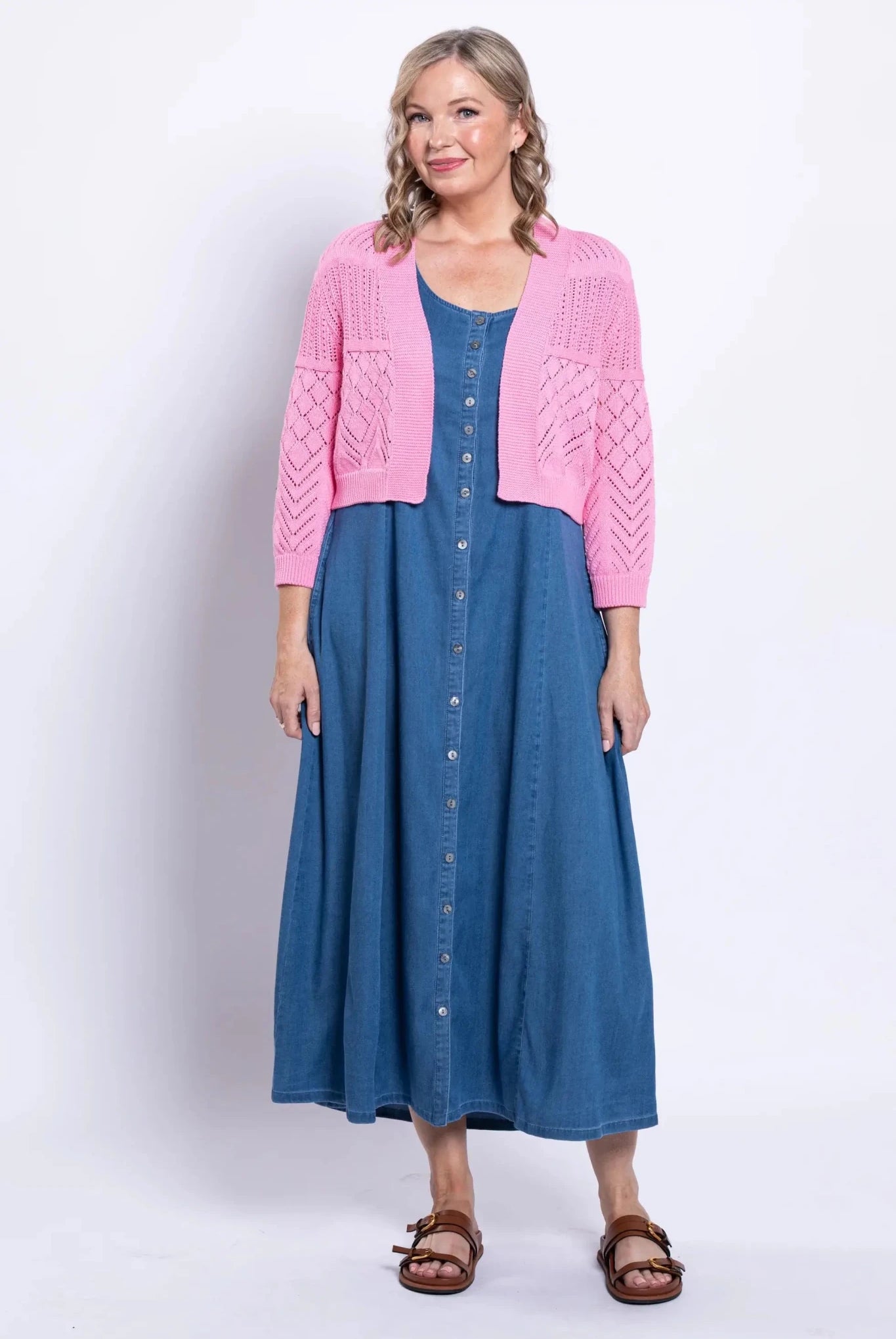Aldi Cotton Pointelle Cardigan – Cropped 3/4 Sleeve Open - Front Shrug - Blue Sky Clothing Co - Cloud Nine Pajamas