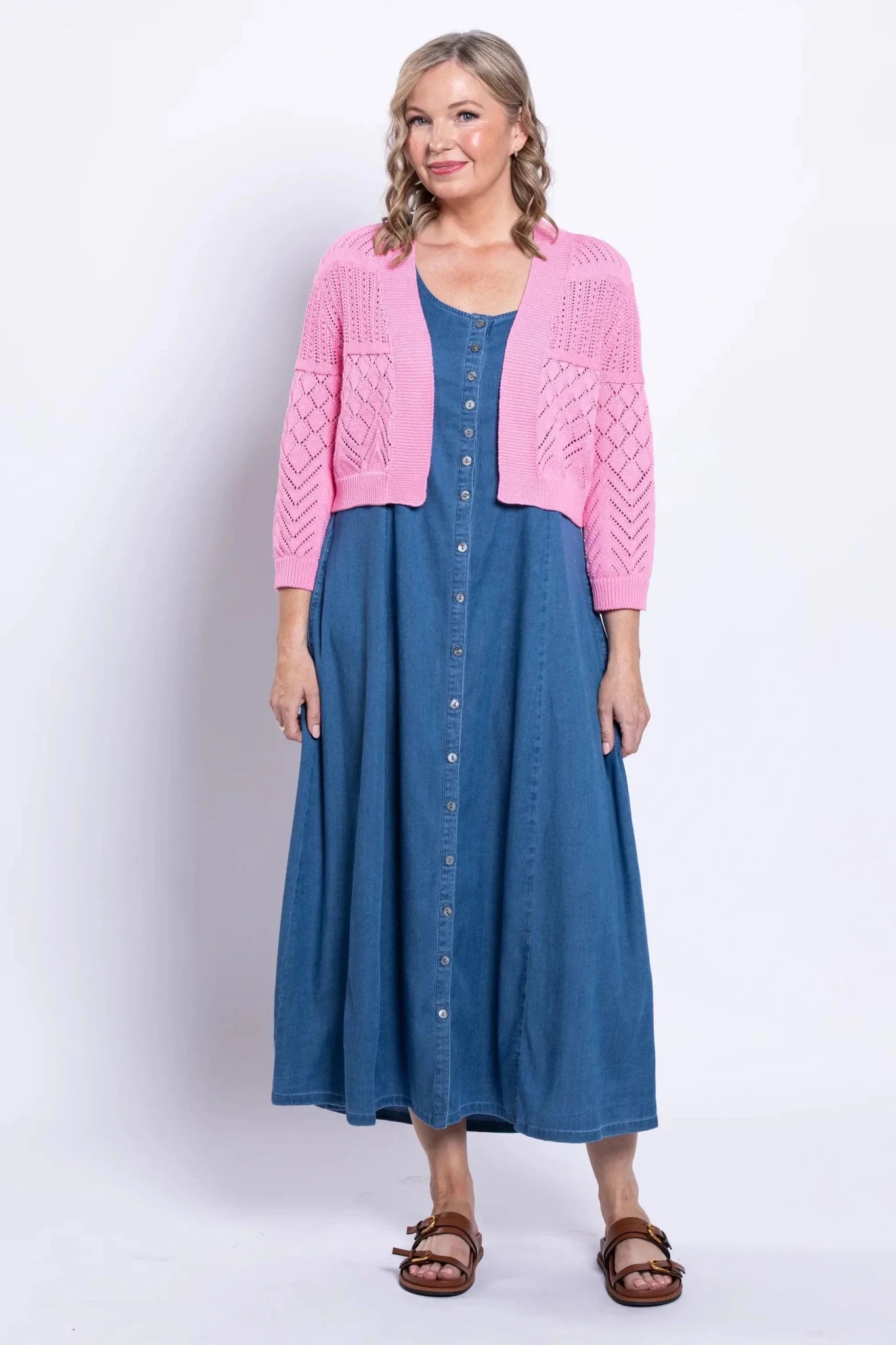Aldi Cotton Pointelle Cardigan – Cropped 3/4 Sleeve Open - Front Shrug - Blue Sky Clothing Co - Cloud Nine Pajamas