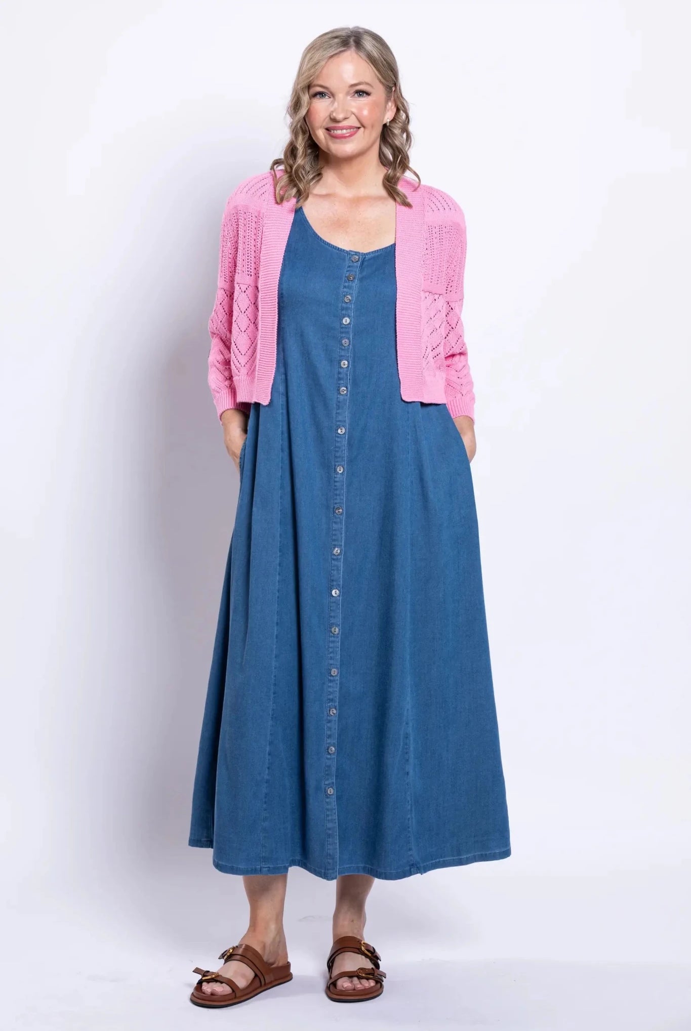Aldi Cotton Pointelle Cardigan – Cropped 3/4 Sleeve Open - Front Shrug - Blue Sky Clothing Co - Cloud Nine Pajamas