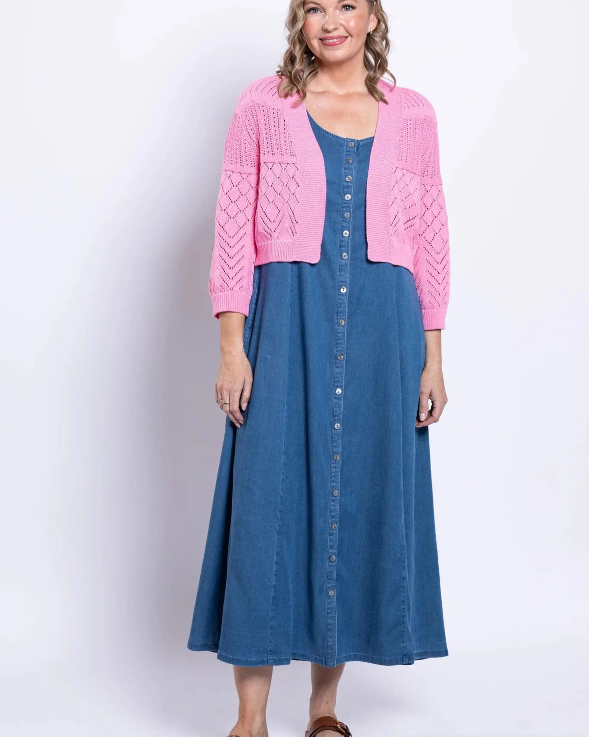 Aldi Cotton Pointelle Cardigan – Cropped 3/4 Sleeve Open - Front Shrug - Blue Sky Clothing Co - Cloud Nine Pajamas