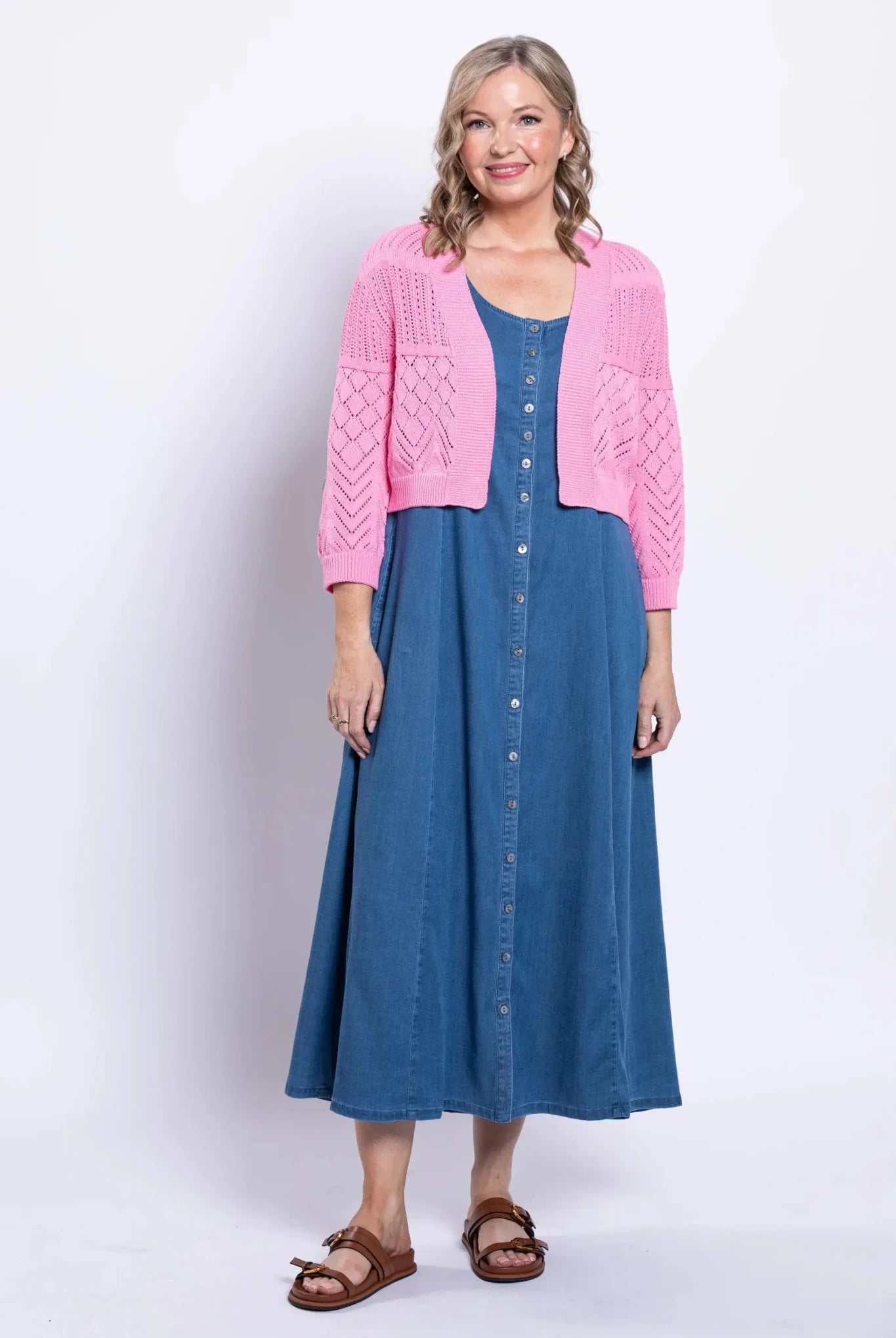Aldi Cotton Pointelle Cardigan – Cropped 3/4 Sleeve Open - Front Shrug - Blue Sky Clothing Co - Cloud Nine Pajamas