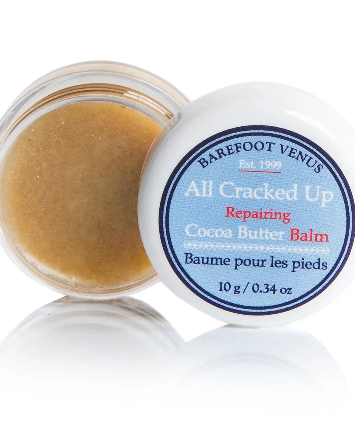 All Cracked Up Foot Balm in a jar, 0.34 oz, repairing cocoa butter foot balm for cracked heels and dry skin.
