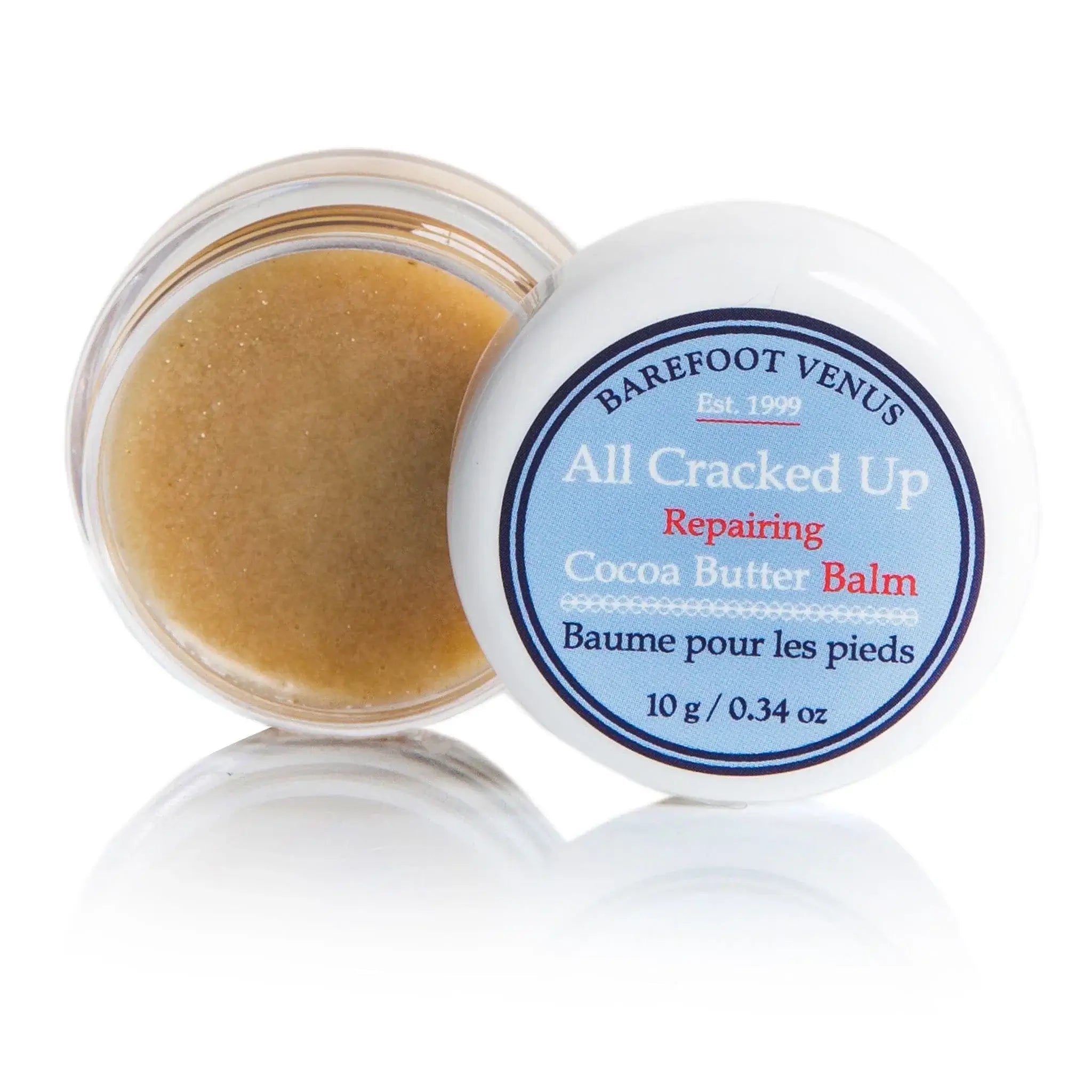 All Cracked Up Foot Balm in a jar, 0.34 oz, repairing cocoa butter foot balm for cracked heels and dry skin.
