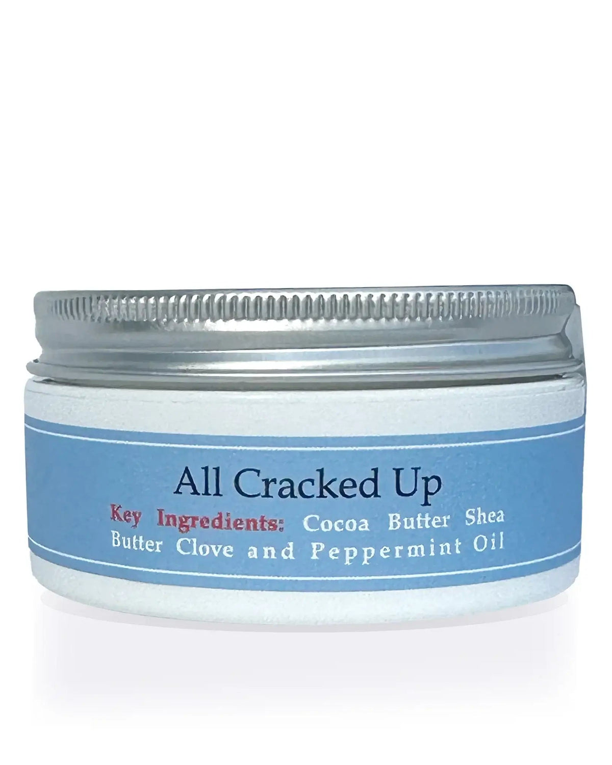 All Cracked Up Foot Balm in a jar, featuring Cocoa Butter, Shea Butter, Clove, and Peppermint Oil.