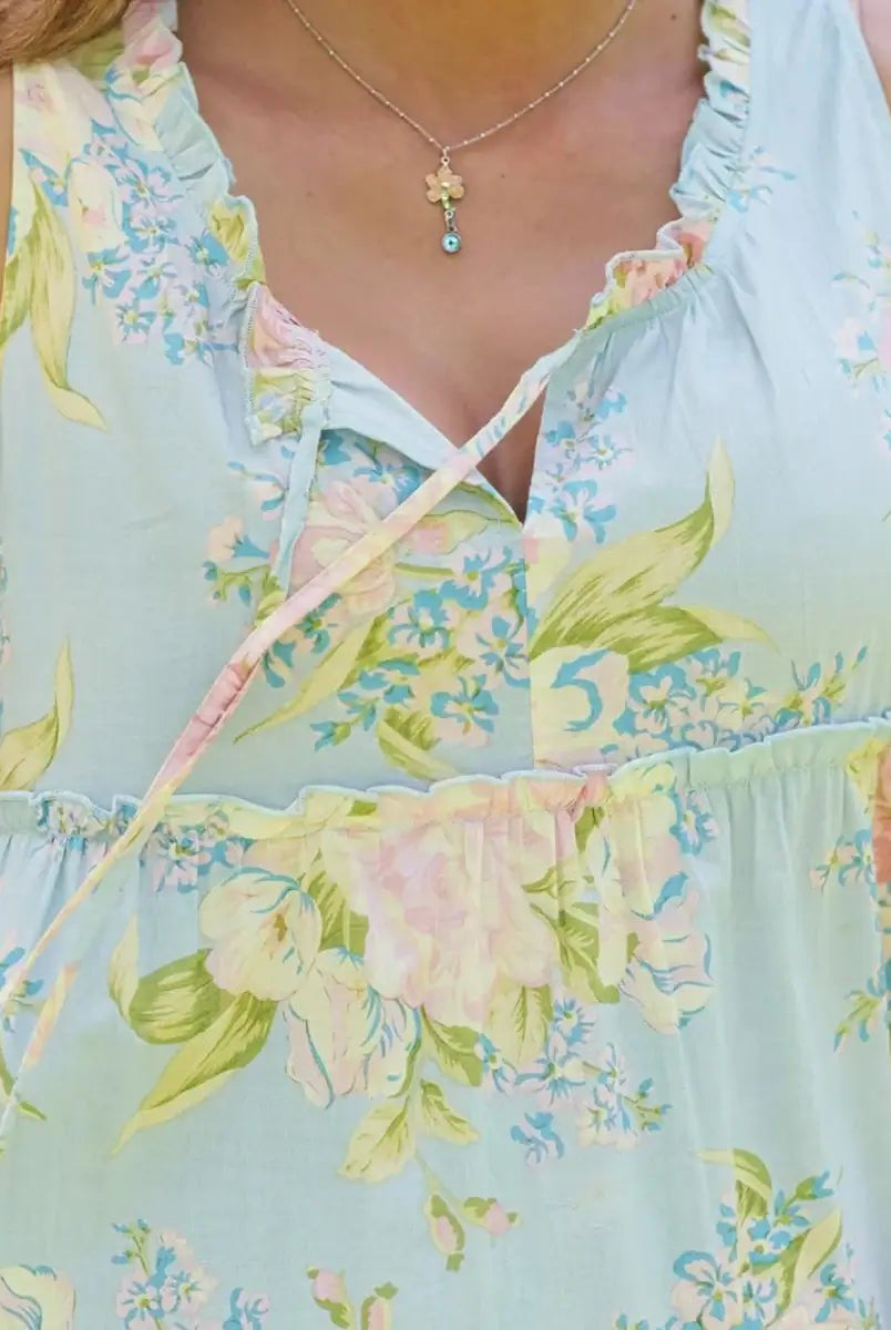 April Cornell Blanche Cotton Dress in Aqua close up of the tie detail on the bust