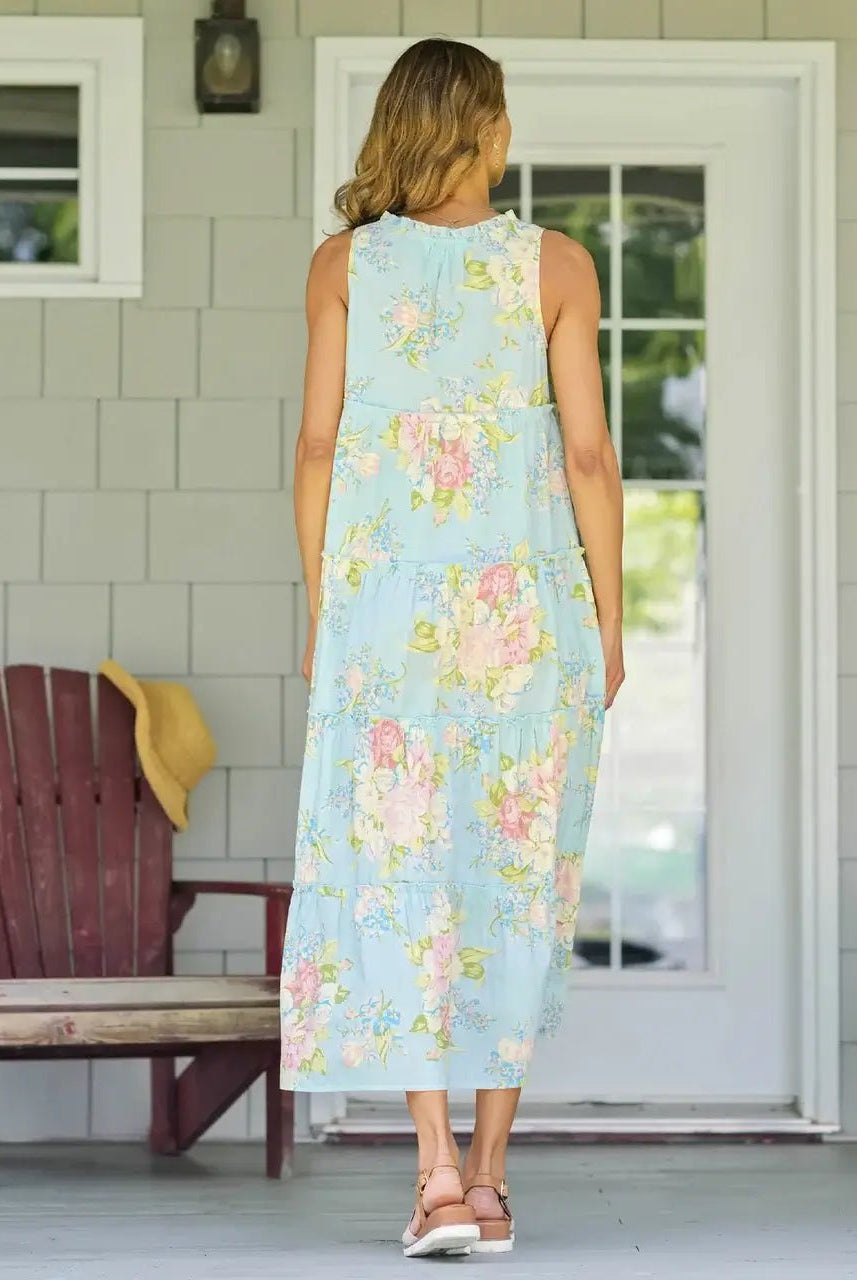 April Cornell Blanche Cotton Dress in Aqua shown on model full length showing the back