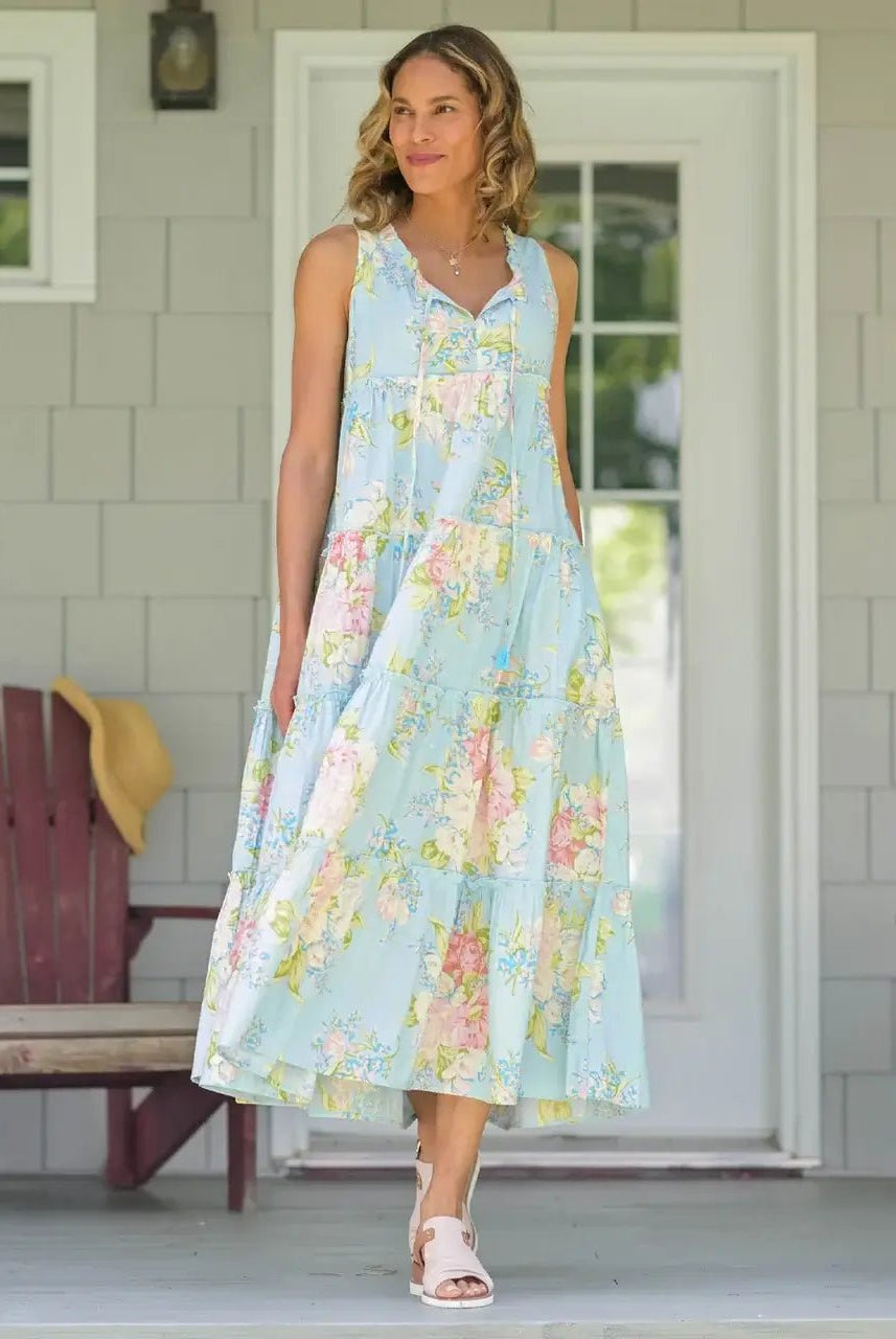 April Cornell Blanche Cotton Dress in Aqua shown on model full length