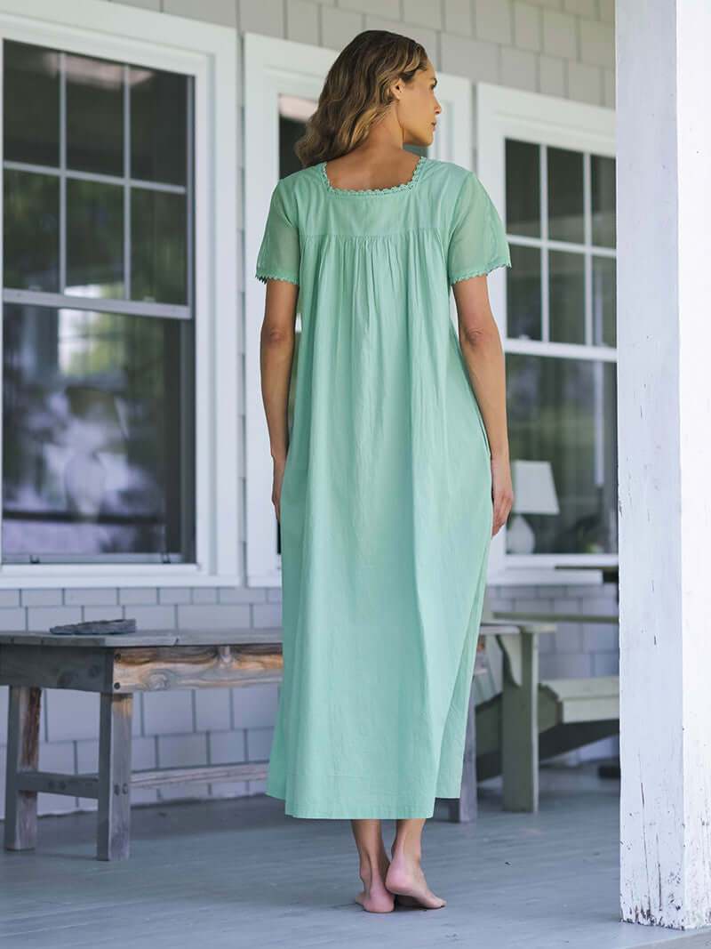 April Cornell Island Flower Cotton Short Sleeve Nightgown – Embroidered Soft Teal Sleeveless Nighty showing back view