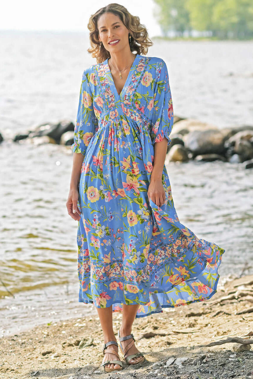 April Cornell Lillian Rayon Dress – Blue Floral Maxi with Pockets, perfect for summer outings by the water.