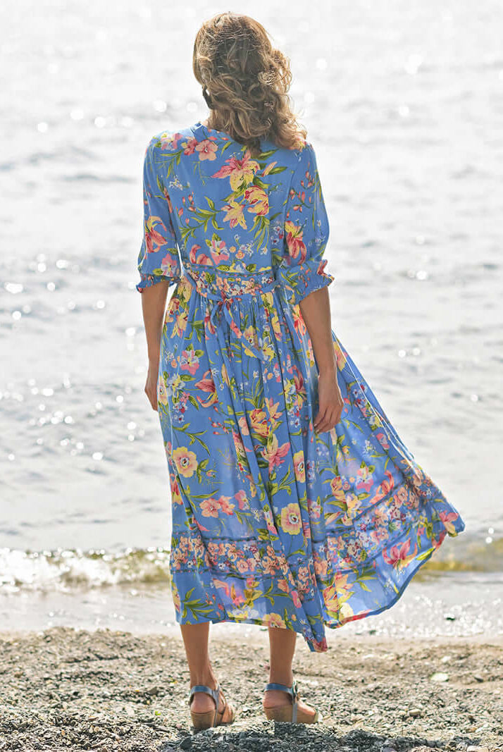 April Cornell Lillian Rayon Dress – Blue Floral Maxi with Pockets, flowing design by the water