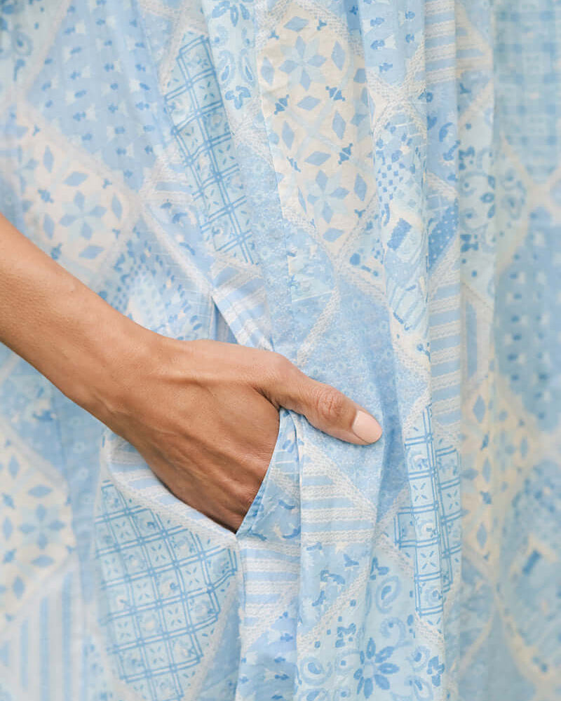 April Cornell Maddie’s Medley Cotton Nightgown – Embroidered Light Blue Sleeveless Nighty with Button Front. close up showing the side slit pockets