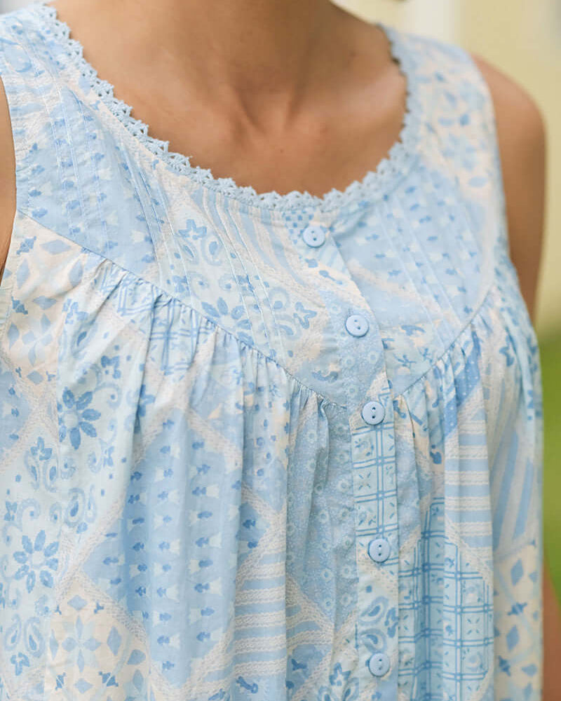 April Cornell Maddie’s Medley Cotton Nightgown – Embroidered Light Blue Sleeveless Nighty with Button Front. Close up showing the light blue button front and pintuck/crochet details.