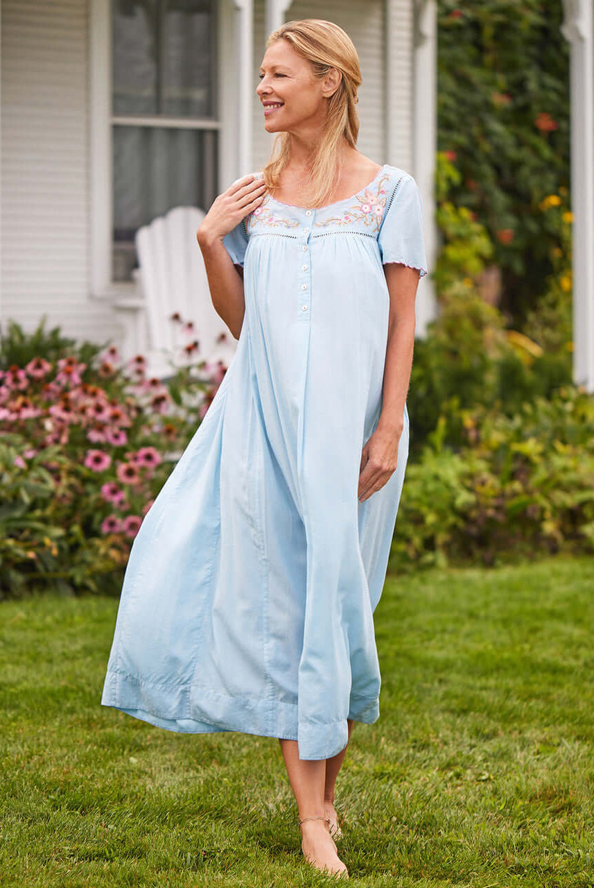 women's cotton modal nightgown in light blue with embroidery April Cornell
