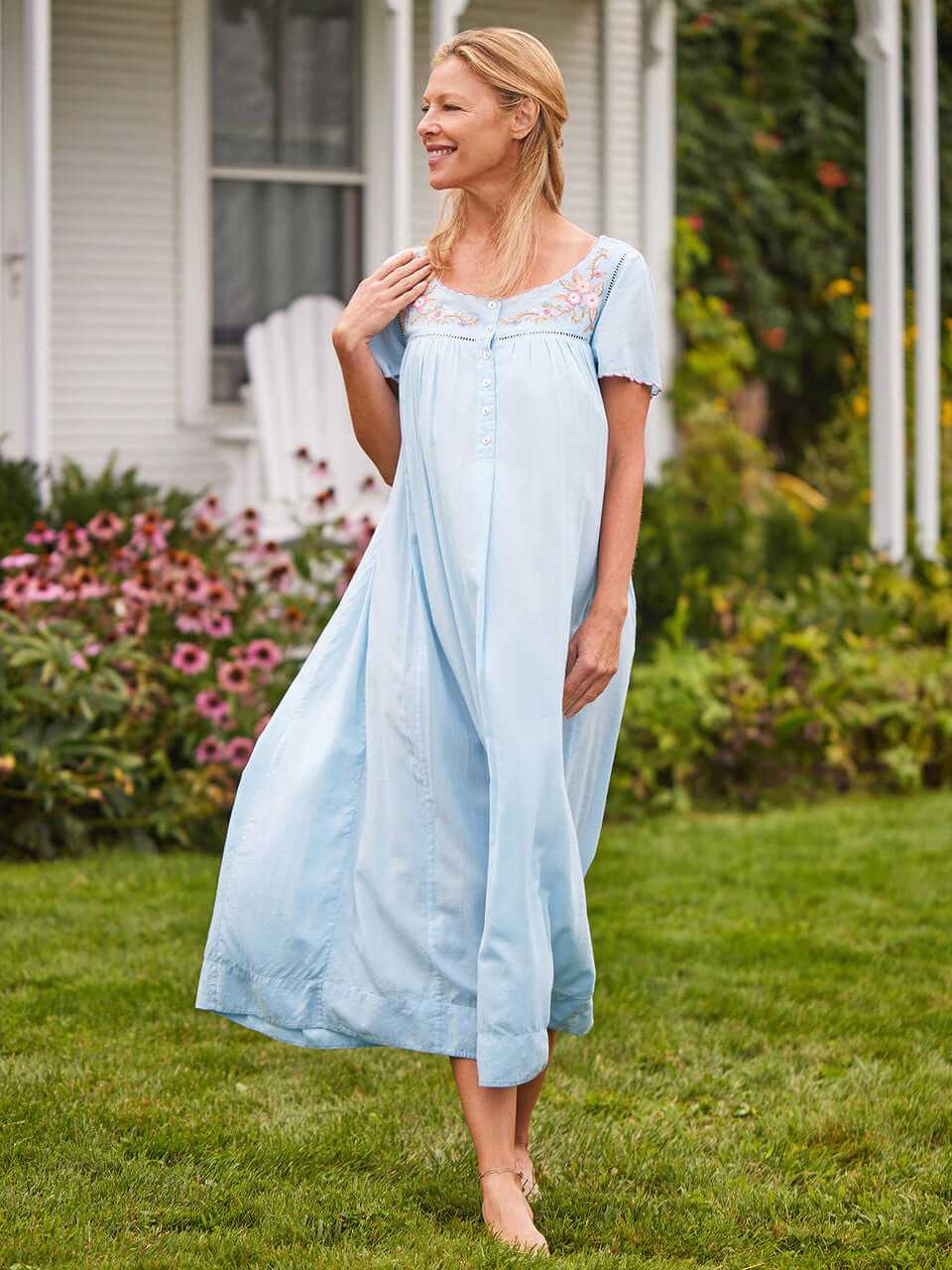 women's cotton modal nightgown in light blue with embroidery April Cornell