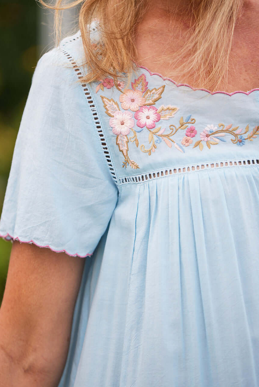 women's cotton modal nightgown in light blue with embroidery April Cornell