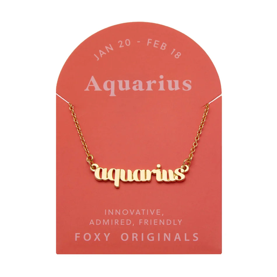 Zodiac Script Necklace in 14K Plated Gold featuring the word Aquarius on display.