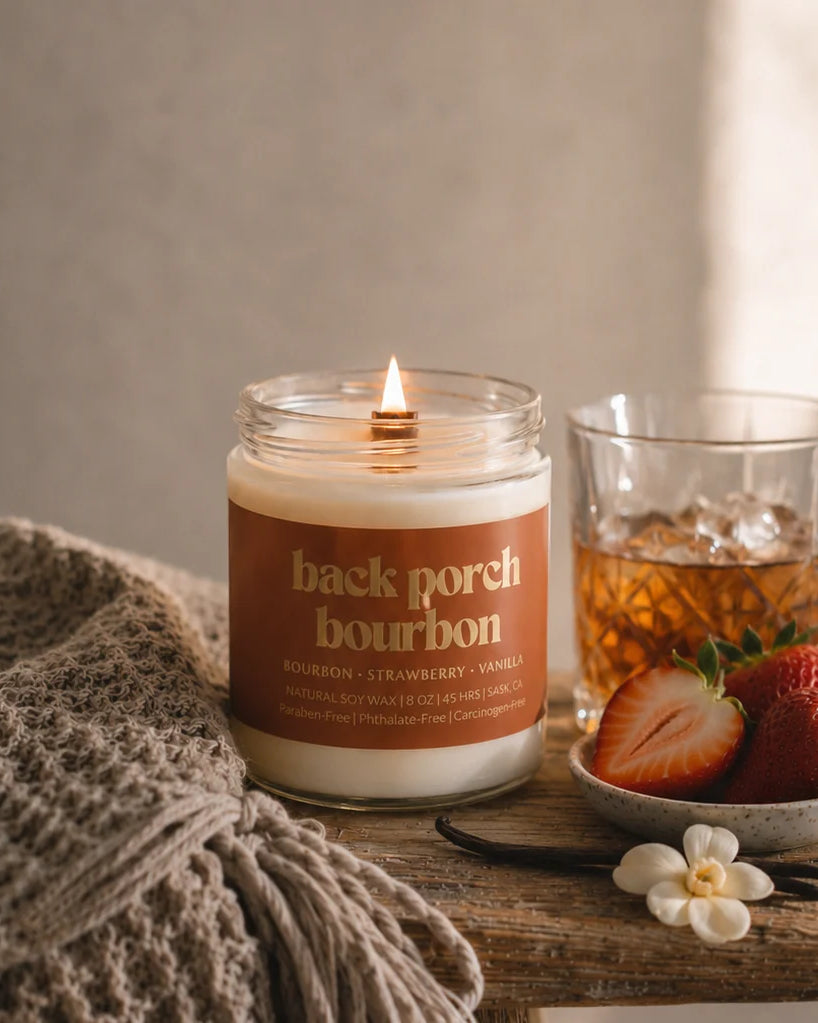 Prairie Creek Candle Back Porch Bourbon 8oz soy candle amber jar — Cloud Nine Pajamas Edmonton