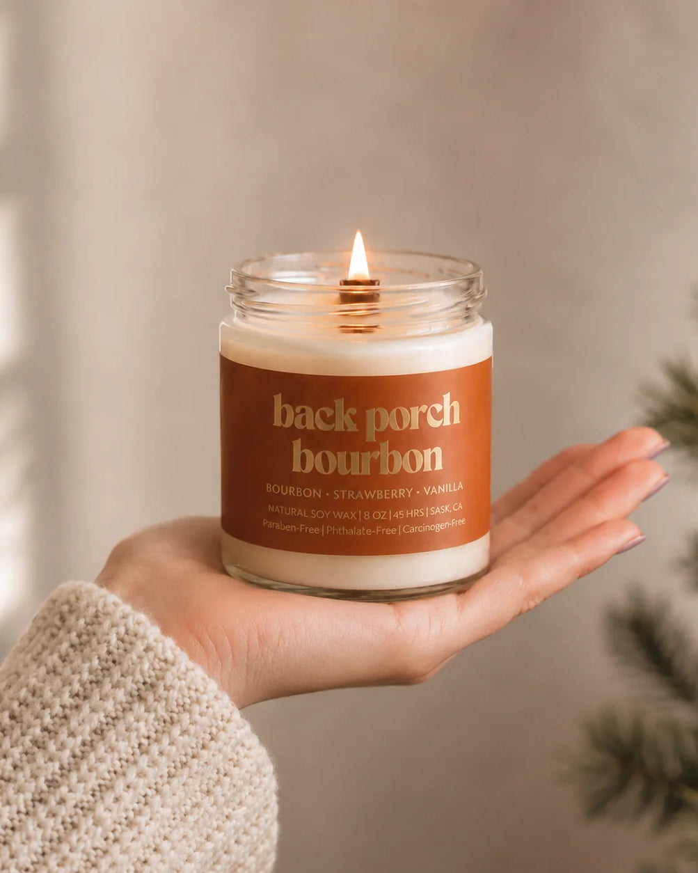 Prairie Creek Candle Back Porch Bourbon wooden wick close-up — Cloud Nine Pajamas