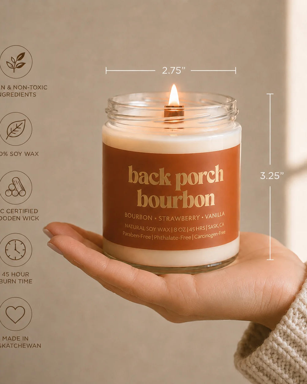 Prairie Creek Candle Back Porch Bourbon 8oz soy candle lifestyle — Cloud Nine Pajamas Edmonton