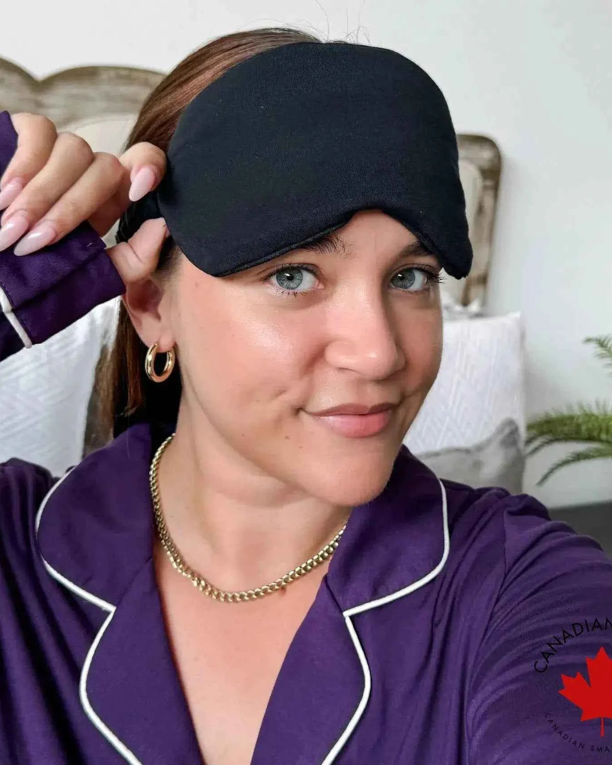 Georgia Rylan Bamboo Eye Sleep Mask Black on model — Cloud Nine Pajamas Edmonton
