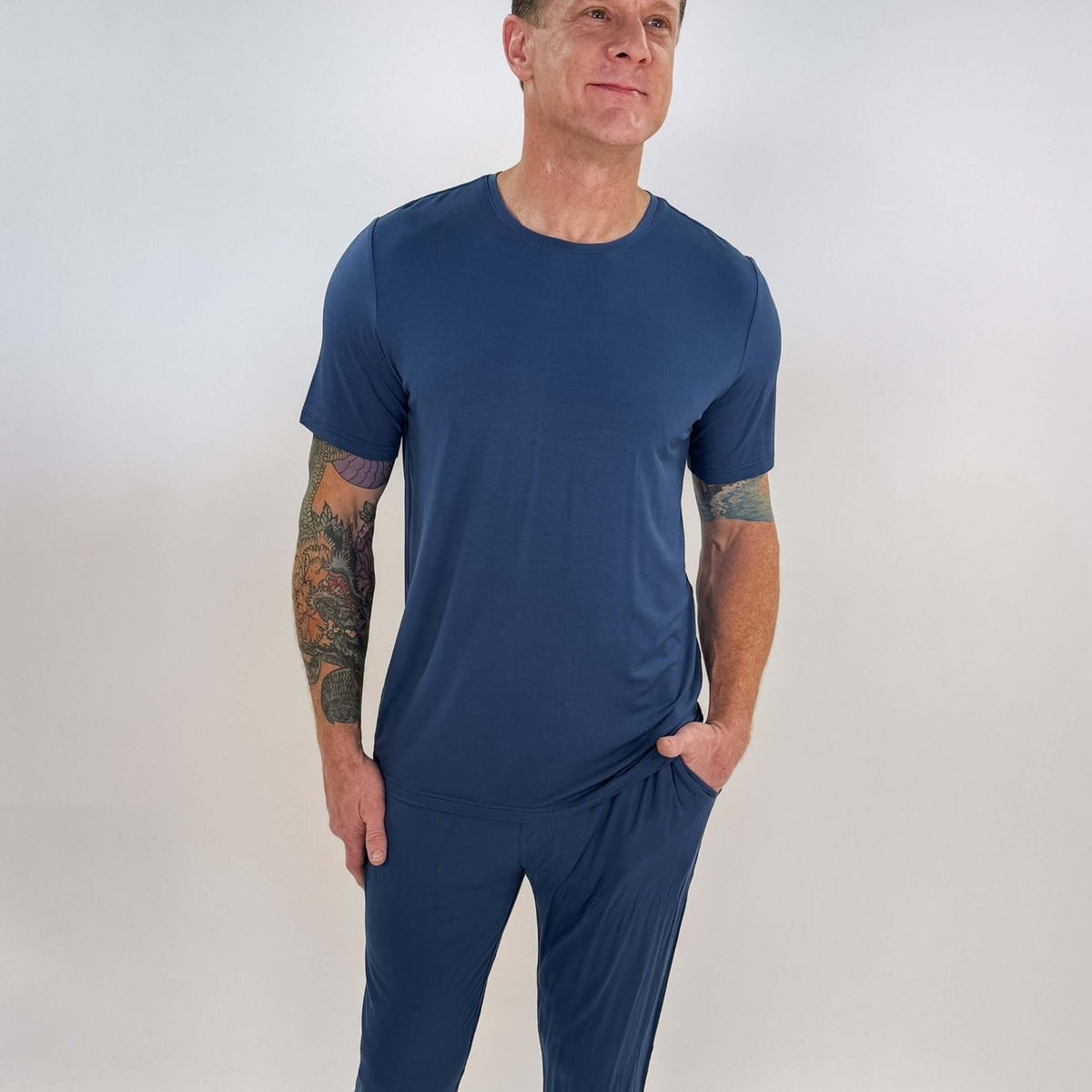 unisex denim blue relaxed crew neck tee shirt in bamboo - Bob's Sleepwear Co.