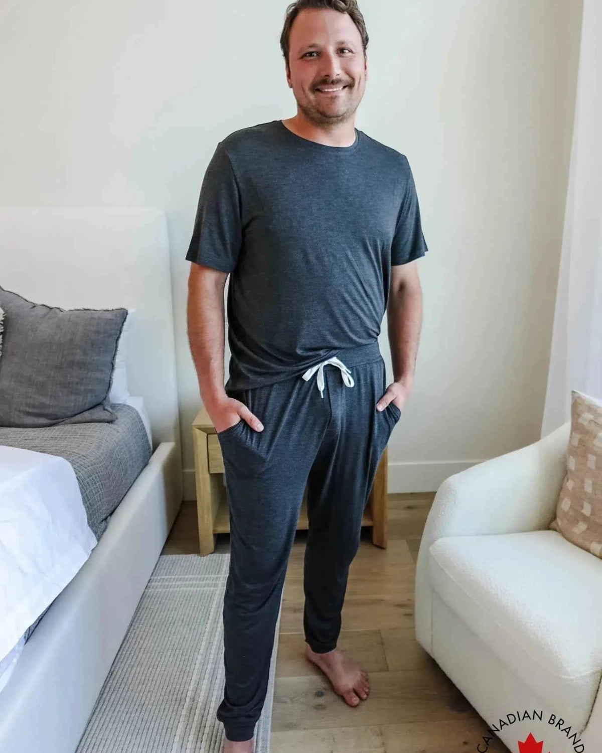 Bob's Sleepwear Co. Bamboo Sleep Tee Charcoal Grey front view on model — Cloud Nine Pajamas Edmonton
