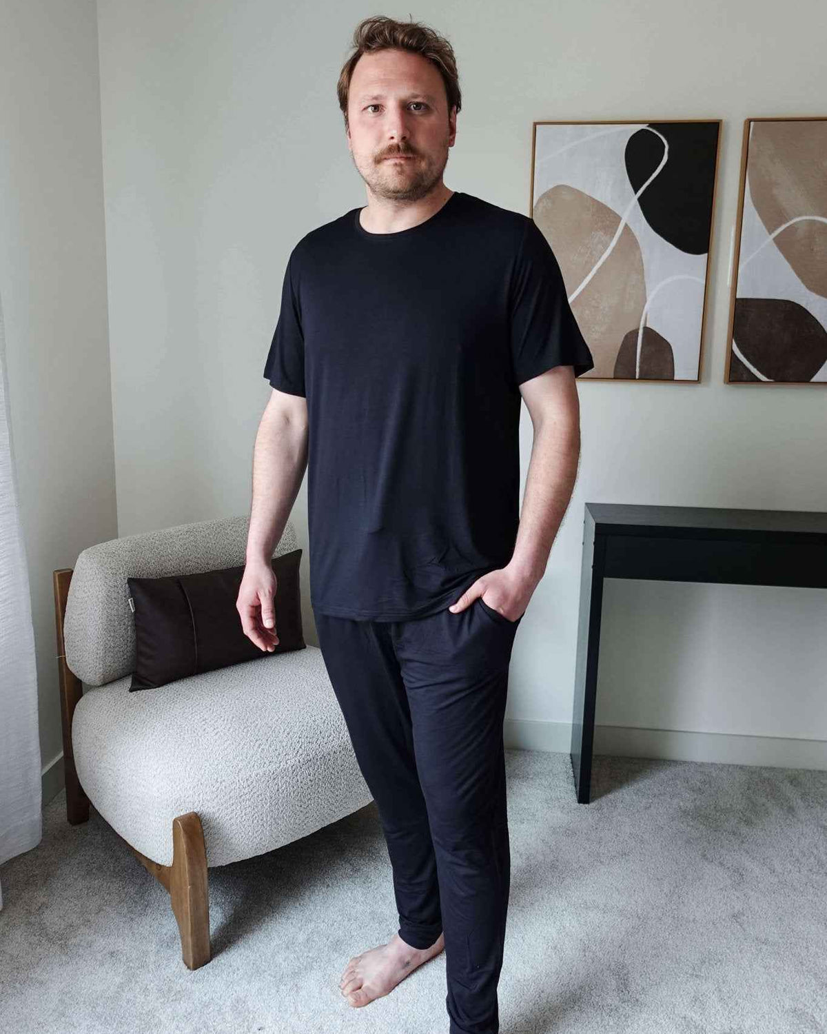 Bob's Sleepwear Co. Bamboo Sleep Tee Black front view on model — Cloud Nine Pajamas Edmonton