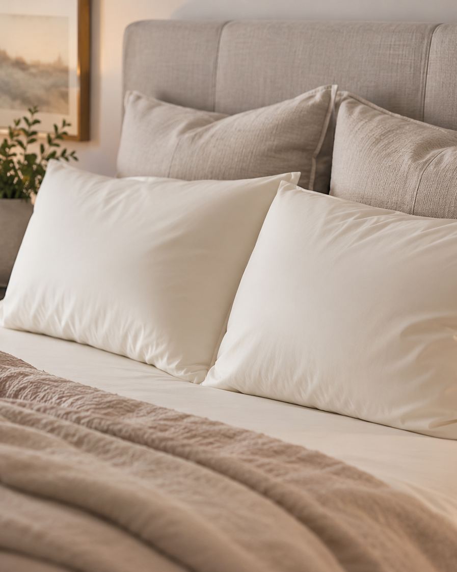 Georgia Rylan Bamboo Pillowcase lifestyle on bed white — Cloud Nine Pajamas Edmonton