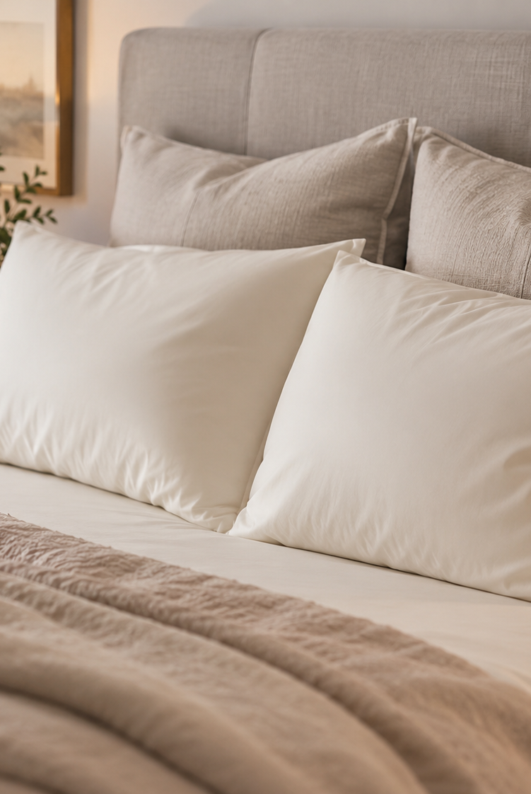 Georgia Rylan Bamboo Pillowcase lifestyle on bed white — Cloud Nine Pajamas Edmonton