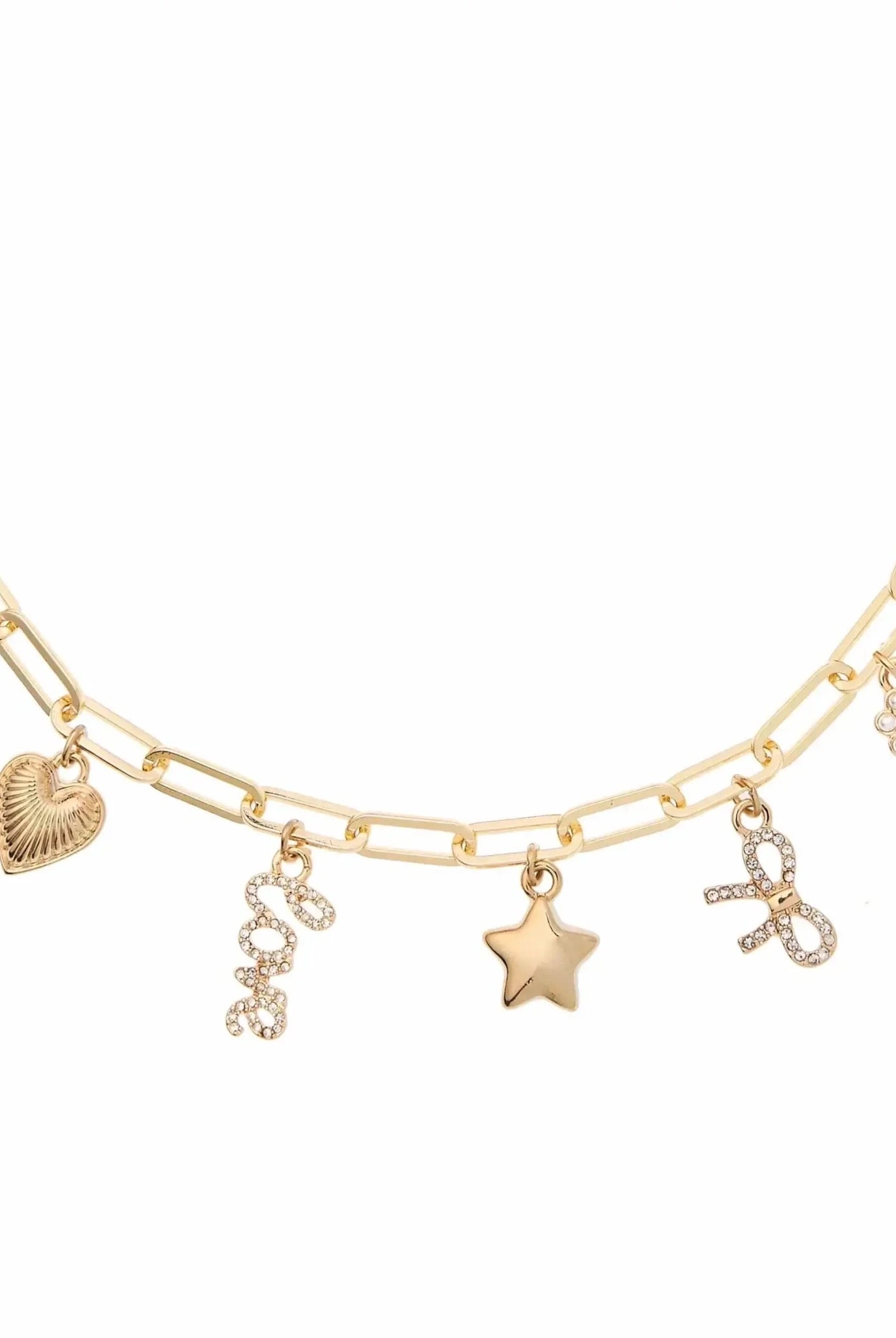 Bella Charm Necklace in 14K Gold featuring heart, star, bow, and pearl charms on a paperclip chain.