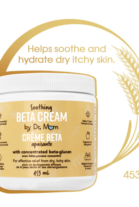 Jar of Soothing Beta Cream by Dr. Mom with text about skin care benefits on a white background.