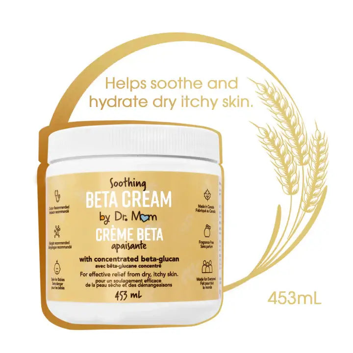 Jar of Soothing Beta Cream by Dr. Mom with text about skin care benefits on a white background.