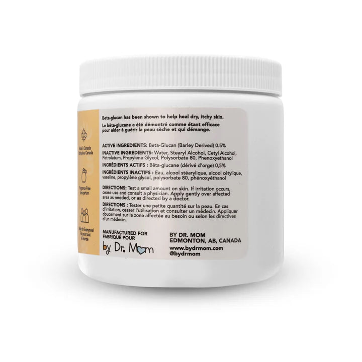 White jar of beta glucan cream with label on a white background