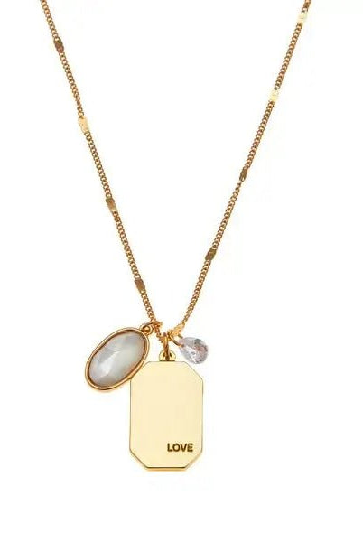 Birthstone Charm Necklace in 14k Plated Gold for JUNE featuring a pearl and 'LOVE' charm on a blue card by Foxy Originals.