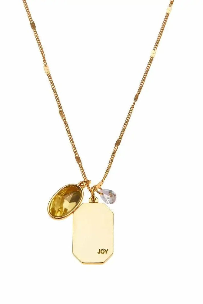 Birthstone Charm Necklace in 14k Plated Gold featuring November citrine stone and 'JOY' intention word by Foxy Originals.