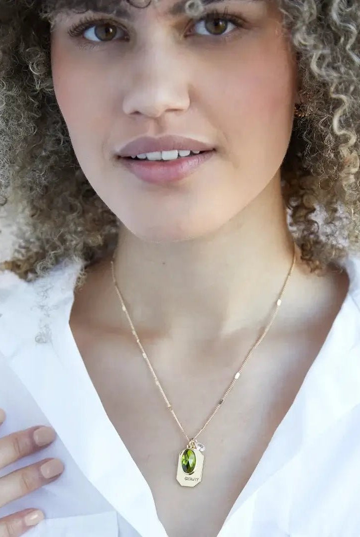 Birthstone Charm Necklace in 14k Plated Gold featuring August Peridot and 'Beauty' charm by Foxy Originals.