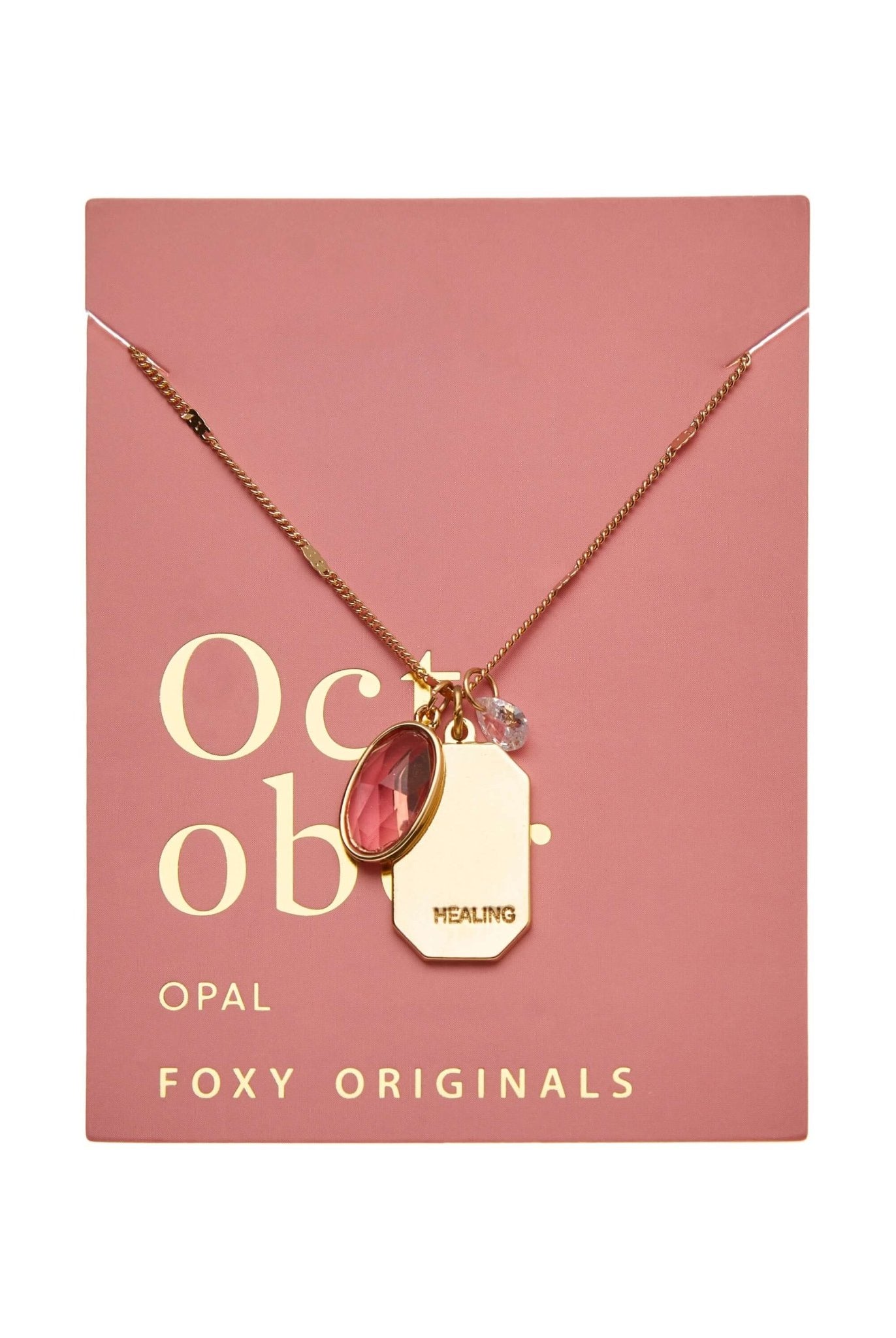 Birthstone Charm Necklace in 14k Plated Gold featuring October opal and healing intention, handcrafted by Foxy Originals.