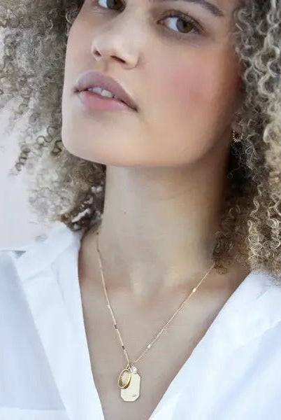 Birthstone Charm Necklace in 14k Plated Gold featuring November citrine stone and 'JOY' intention word by Foxy Originals.