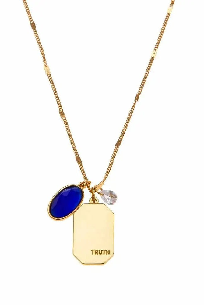 Birthstone Charm Necklace in 14k Plated Gold featuring September sapphire stone and 'TRUTH' charm by Foxy Originals.