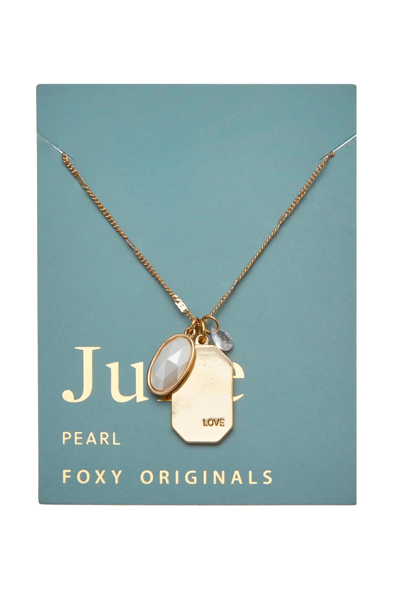 Birthstone Charm Necklace in 14k Plated Gold featuring a pearl and 'LOVE' charm on a blue card by Foxy Originals.