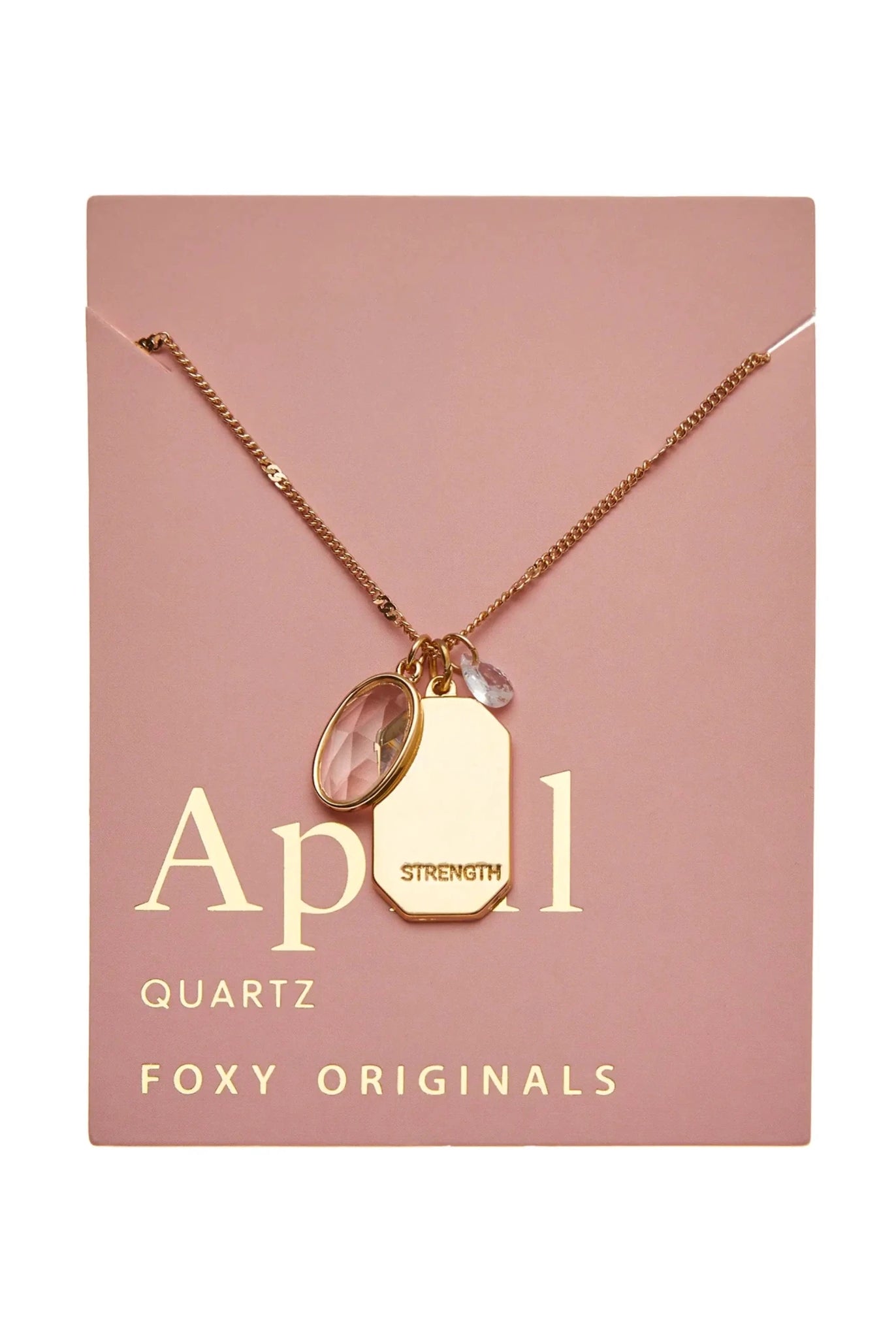 Birthstone Charm Necklace in 14k Plated Gold featuring April quartz and 'Strength' intention word by Foxy Originals.