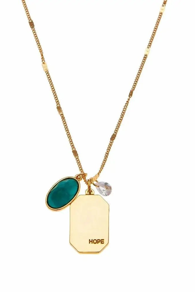 Birthstone Charm Necklace in 14k Plated Gold featuring emerald stone and 'HOPE' tag by Foxy Originals.