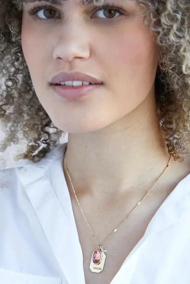 Birthstone Charm Necklace in 14k Plated Gold featuring October opal and healing intention, handcrafted by Foxy Originals.