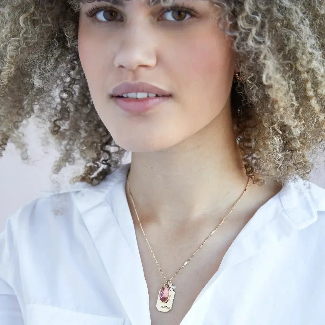 Birthstone Charm Necklace in 14k Plated Gold featuring October opal and healing intention, handcrafted by Foxy Originals.