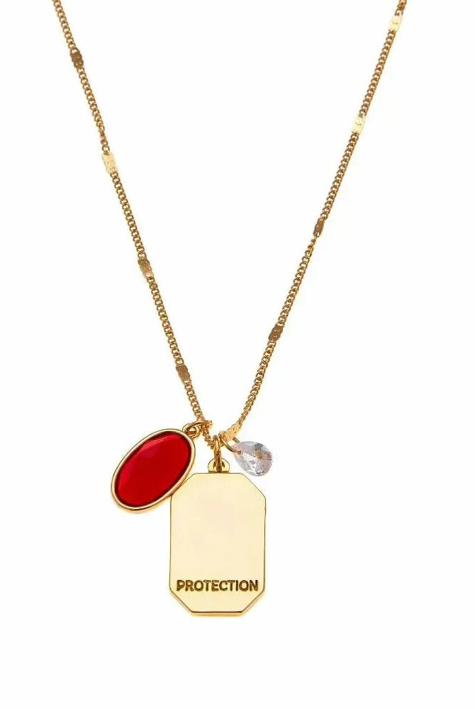 Birthstone Charm Necklace in 14k Plated Gold featuring garnet for January with 'Protection' intention word.