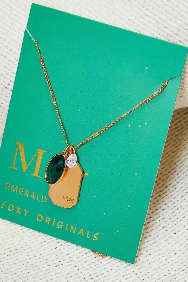 Birthstone Charm Necklace in 14k Plated Gold featuring emerald stone and 'HOPE' tag by Foxy Originals.